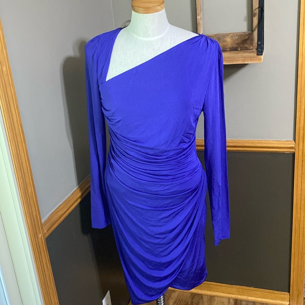 L.K. Bennett London purple one shoulder long sleeve knee length dress size 10